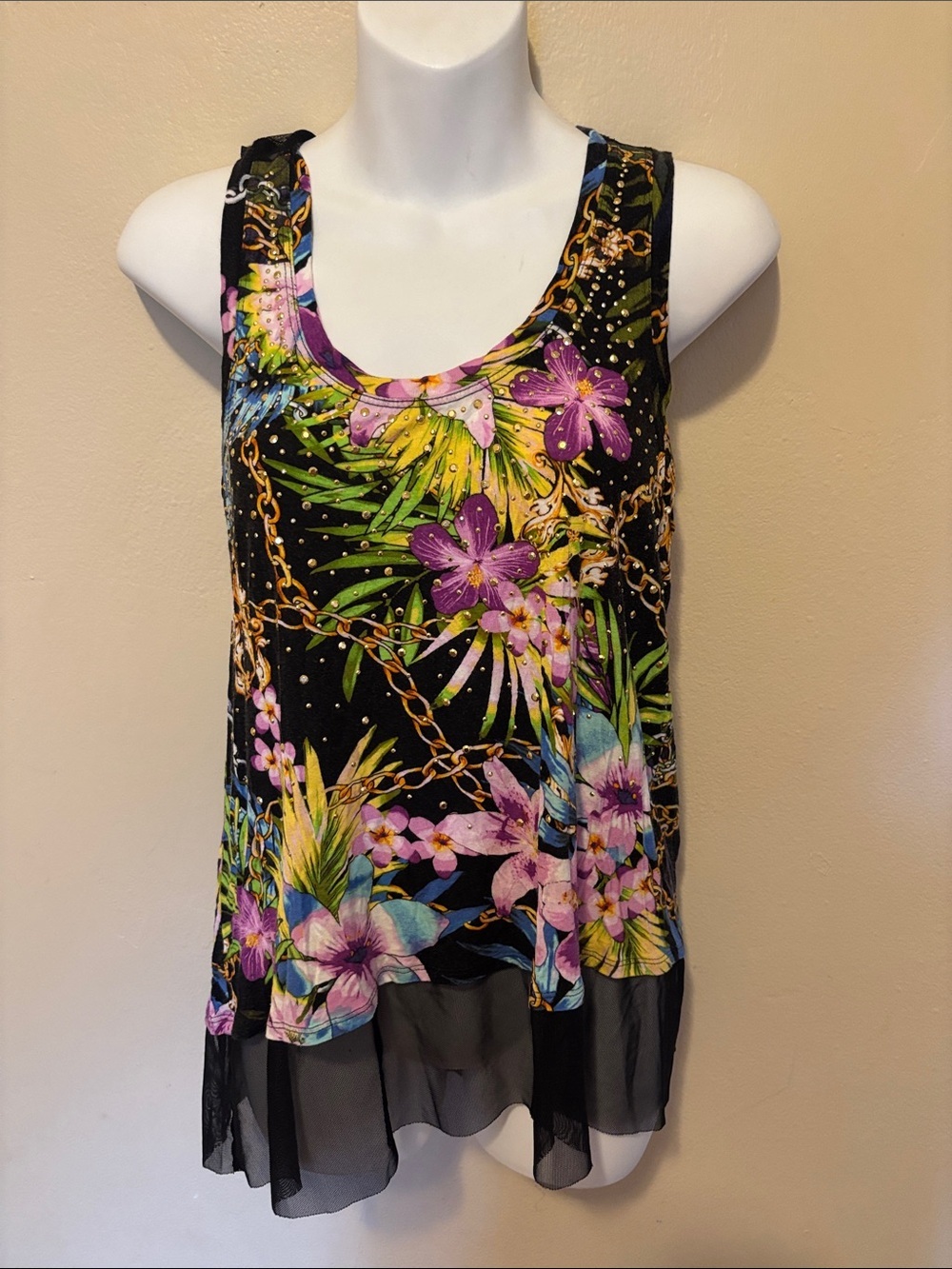 Jennifer Lopez Black Floral Chain-Print Sheer Hem Tank